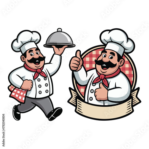 Cheerful cartoon chef with mustache holding food cloche and giving thumbs up illustration