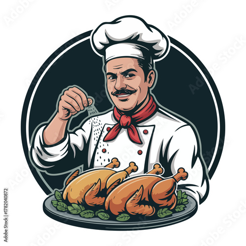Chef seasoning roasted chickens on a platter with herbs cooking salt