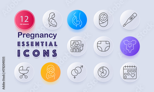 Pregnancy set icon. Pregnant woman, fetus, diaper, baby, stroller, onesie, bottle, test strip, calendar, gender, ultrasound, mother drawn in maternity style.