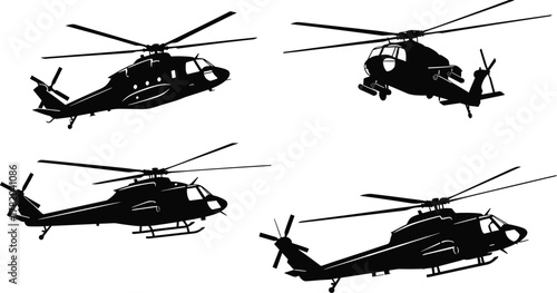 Black helicopter silhouette collection, detailed military and rescue aircraft vector set, aviation design elements for illustration, transport, travel, and flight concept