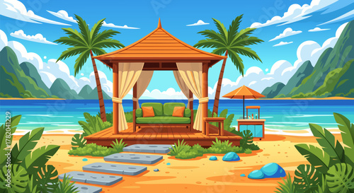 Serene Beachfront Gazebo with Ocean Views and Tropical Palm Trees