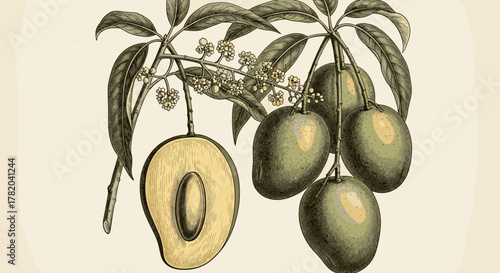 Vintage botanical engraving of a mango branch showcasing ripe fruits, one sliced to reveal its seed, alongside delicate blossoms and lush green leaves, rendered in exquisite detail on a textured