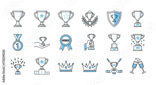 Collection of winning cup related line icons, editable stroke, perfect for infographics, articles, books, flyers, banners, vector cartoon illustration with a white background. Includes trophies