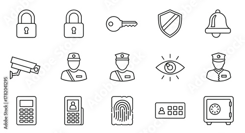 Collection of simple line vector icons representing security and safety concepts, including a padlock, key, shield, alarm bell, surveillance camera, security guard, watchful eye, access control card