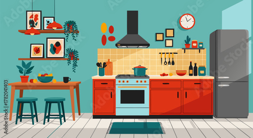 Vibrant Retro Kitchen With Appliances, Furniture, and Decor