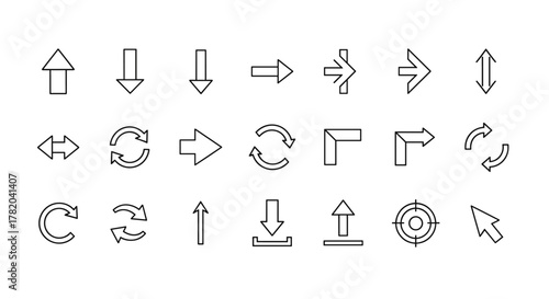 Modern simple arrow icons set, a collection of black line art arrows and cursor symbols, including directional arrows, refresh symbols, and a target icon, presented on a clean white background for