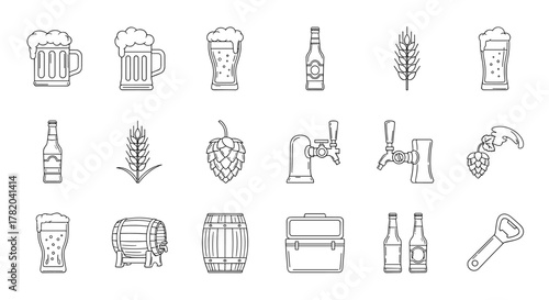 Collection of outline icons representing beer and brewing elements, including frothy mugs, bottles, wheat stalks, hops, barrels, taps, a cooler, and a bottle opener, perfect for infographics
