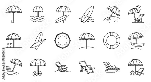 Collection of diverse beach and summer icons, including umbrellas, surfboards, lounge chairs, and lifebuoys, rendered in a clean, editable stroke style, perfect for app design and summer-themed