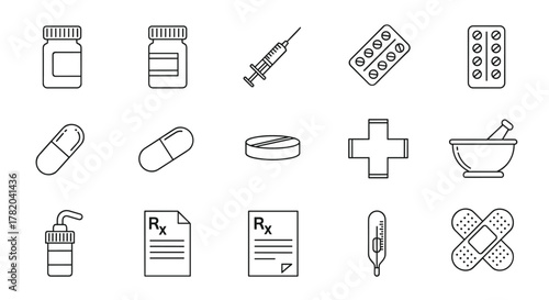 Collection of simple line icons representing medical and pharmaceutical items, including medicine bottles, capsules, pills, syringe, blister packs, mortar and pestle, medical cross, thermometer
