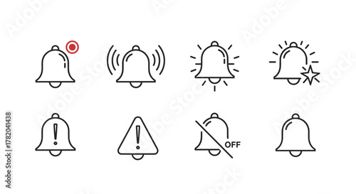 Collection of notification bell icons in a line art style, featuring various states like ringing, alert, new, off, and standard bell symbols, presented on a clean white background for versatile
