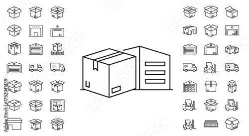 Collection of thin line icons representing logistics and delivery services, including various types of cardboard boxes, warehouses, delivery trucks, and forklifts, all presented on a clean white
