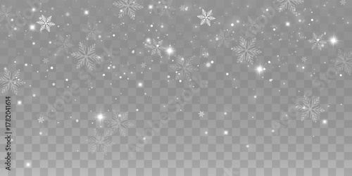 Sparkling snowflakes and glowing fairy dust particles on transparent background. White glitter stars, magic winter light, and festive Christmas illumination. Vector illustration.
