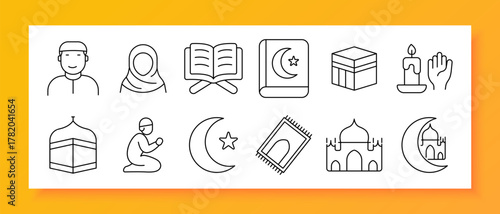 Islam religion set icon. Mosque, Quran, moon, star, prayer, believer, candle, hand, book, man, woman, Kaaba, faith, spirituality, religion, peace, crescent, worship, temple, culture