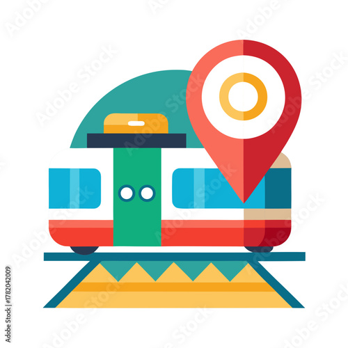 Train station map icon with train and location pin in colorful vector
