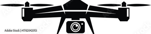 Black silhouette vector illustration of a modern drone with camera, quadcopter design for aerial photography, technology, aviation, innovation, and surveillance concept art