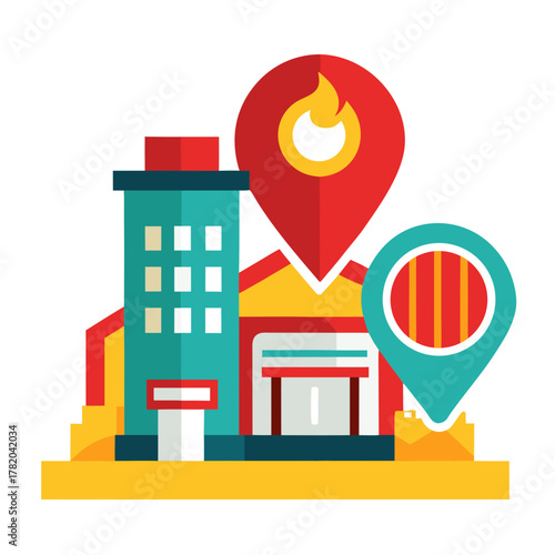 Fire station map icon with location pin in colorful vector illustration
