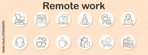 Remote work set icon. Chair, bed, chat, yoga, couch, headphones, cup, backpack, sun, desk, laptop. Freelance, online, comfort, digital, communication, productivity, relax, tech, home, work.
