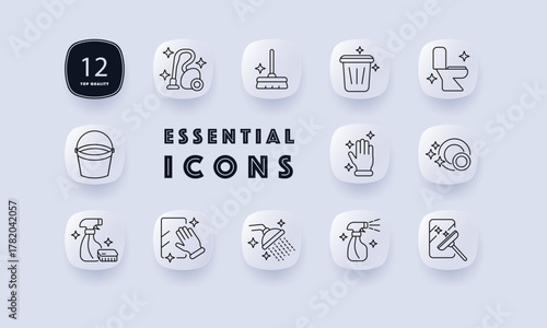 Cleaning set icon. Vacuum cleaner, mop, trash bin, toilet, gloves, dishware, detergent, spray bottle, showerhead, bucket, squeegee, scrub brush with sparkle accents.