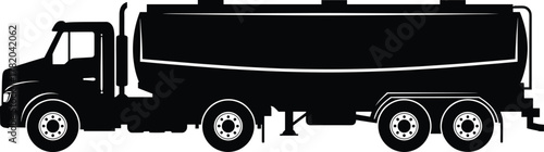 Black silhouette illustration of fuel tanker truck, heavy transport vehicle with cargo container, oil delivery truck vector design for logistics industry