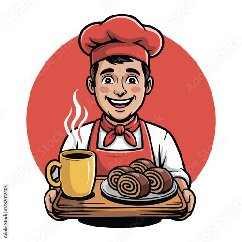 Smiling cartoon chef holding tray with coffee and chocolate rolls baker cooking