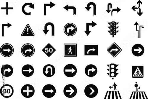 Black vector illustration collection of road traffic signs, direction arrows, pedestrian crossing, and traffic light icons for transport safety and driving navigation design