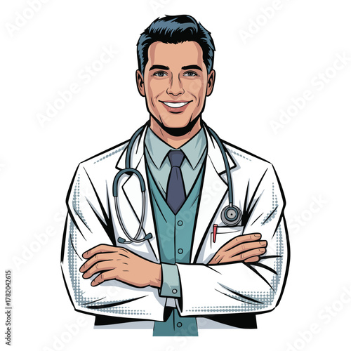 Smiling male doctor in white coat with stethoscope and crossed arms physician medical
