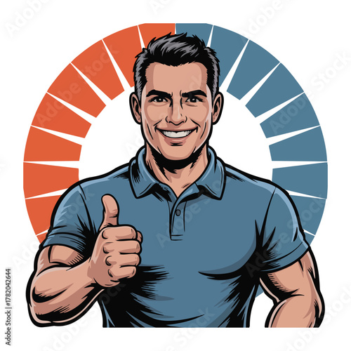 Smiling man in blue polo shirt giving thumbs up with radial background approval gesture
