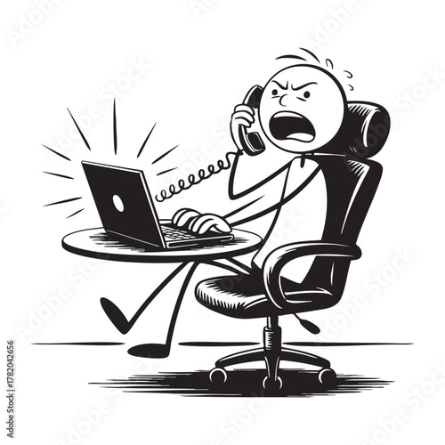 Stick figure man yelling on phone while working on laptop at desk angry frustrated