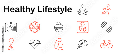 Healthy lifestyle set icon. Yoga, run, apple, heart, dumbbell, scale, calendar, no smoking, rope, bike, sleep, exercise, fit, weight, wellness.