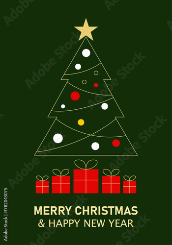 Tarjeta navideña con árbol de navidad y regalos en fondo verde