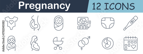 Pregnancy set icon. Baby clothes, fetus, belly, crib, thermometer, ultrasound, gender, calendar, woman, pacifier, stroller, and diaper drawn in outlined medical style.