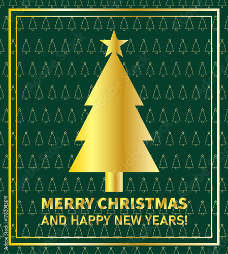 Felicitación navideña con árbol de navidad dorado y patrón de pinos