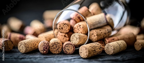 Close-up of multiple natural cork wine stoppers spilling out of a tipped transparent glass on a dark surface