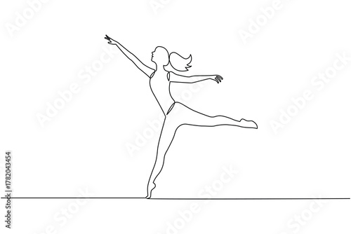 Ballet dancer performing graceful pose in one line minimalist drawing style