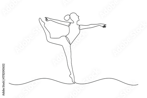 Ballet dancer performing graceful pose in one line minimalist drawing style