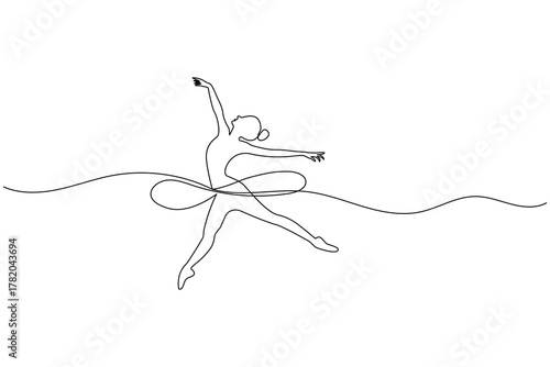 Ballet dancer performing graceful pose in one line minimalist drawing style