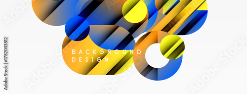 Abstract shapes, vibrant colors, dynamic composition. Modern design elements create visually appealing background. Yellow, blue dominate.