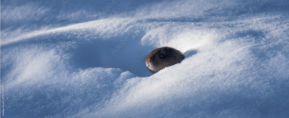 Fototapeta premium Mole digging under a soft layer of new snow in cold wintertime.