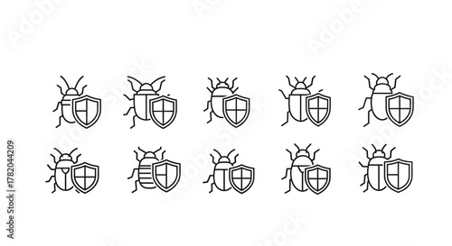 Set of minimalistic linear icons depicting a bug symbol combined with a shield, representing cybersecurity, protection, and bug fixing. This versatile vector illustration is perfect for web design