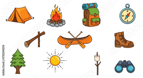 Vibrant Cartoon Vector Illustration of Summer Camp Adventure Essentials: A Collection of Icons Including a Tent, Campfire, Backpack, Compass, Canoe, Boot, Pine Tree, Sun, Marshmallow on a Stick, and