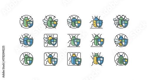 Set of 15 minimalistic linear icons featuring a stylized bug or insect holding a shield, symbolizing protection, security, and bug fixing. These vector cartoon illustrations are presented in vibrant