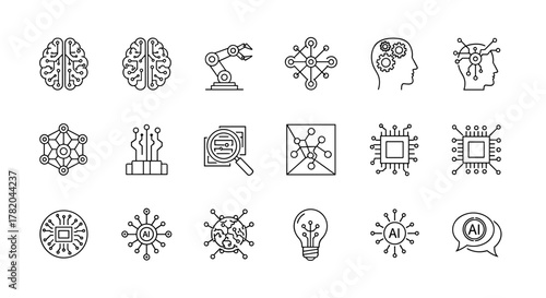 Artificial intelligence icon vector, linear style sign for mobile concept and web design, artificial intelligence symbol vector illustration, flat vector graphic. Set of AI icons including brain