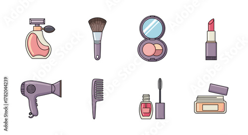 A vibrant and modern collection of beauty icons, featuring a perfume bottle, makeup brush, compact powder, lipstick, hairdryer, comb, mascara, and cream jar, all rendered in a clean, cartoon vector