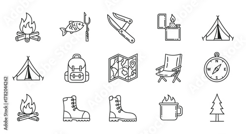 Collection of isolated vector line icons representing camping and outdoor adventure essentials, including a bonfire, fish on a spear, folding knife, tent, lighter, backpack, map, camping chair