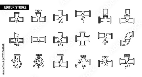 Collection of thin line icons depicting broken pipes and leaking water, representing plumbing issues, water damage, and maintenance needs. These editable stroke vector illustrations are perfect for