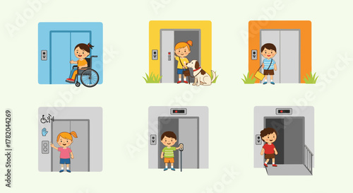 Set of colorful flat vector mini-illustrations depicting children using elevators, showcasing accessibility features and diverse needs, including a child in a wheelchair, a child with a service dog