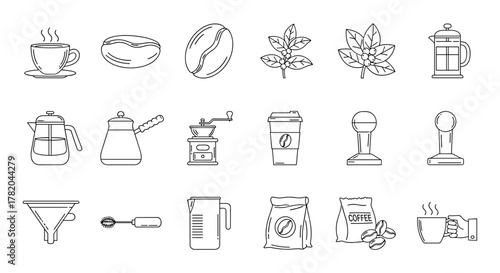 A comprehensive collection of outline icons representing coffee culture, featuring a steaming cup, coffee beans, a coffee plant branch, French press, cezve, grinder, takeaway cup, tamper, funnel