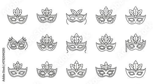 Collection of 15 Carnival Masks, Thin Line Icons, Editable Stroke, Suitable for Websites, Books, Cards, Apps, Vector Cartoon Illustration on White Background, Festive Masquerade Symbols