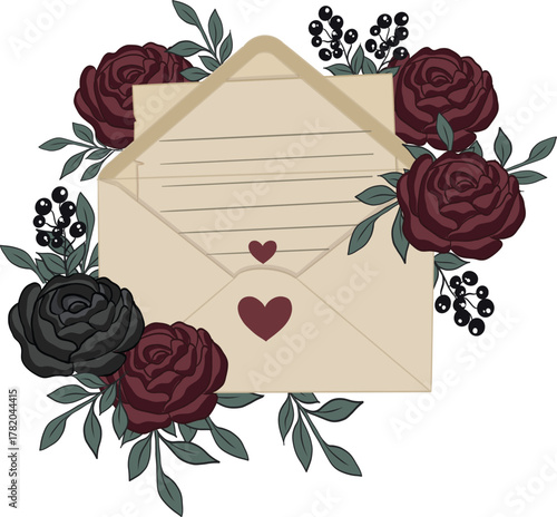 Romantic Letter Envelope with Roses and Hearts Illustration 