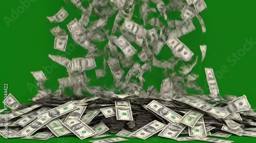 Money Rain US Dollar Bills Falling and Piling Up on Green Screen